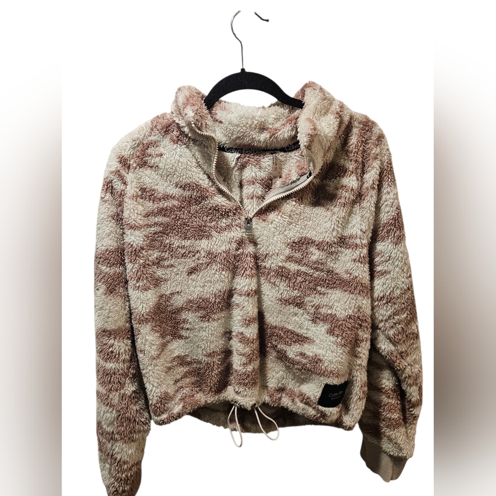 Calvin Klein Fuzzy Quarter-Zip Jacket - Cream and Brown